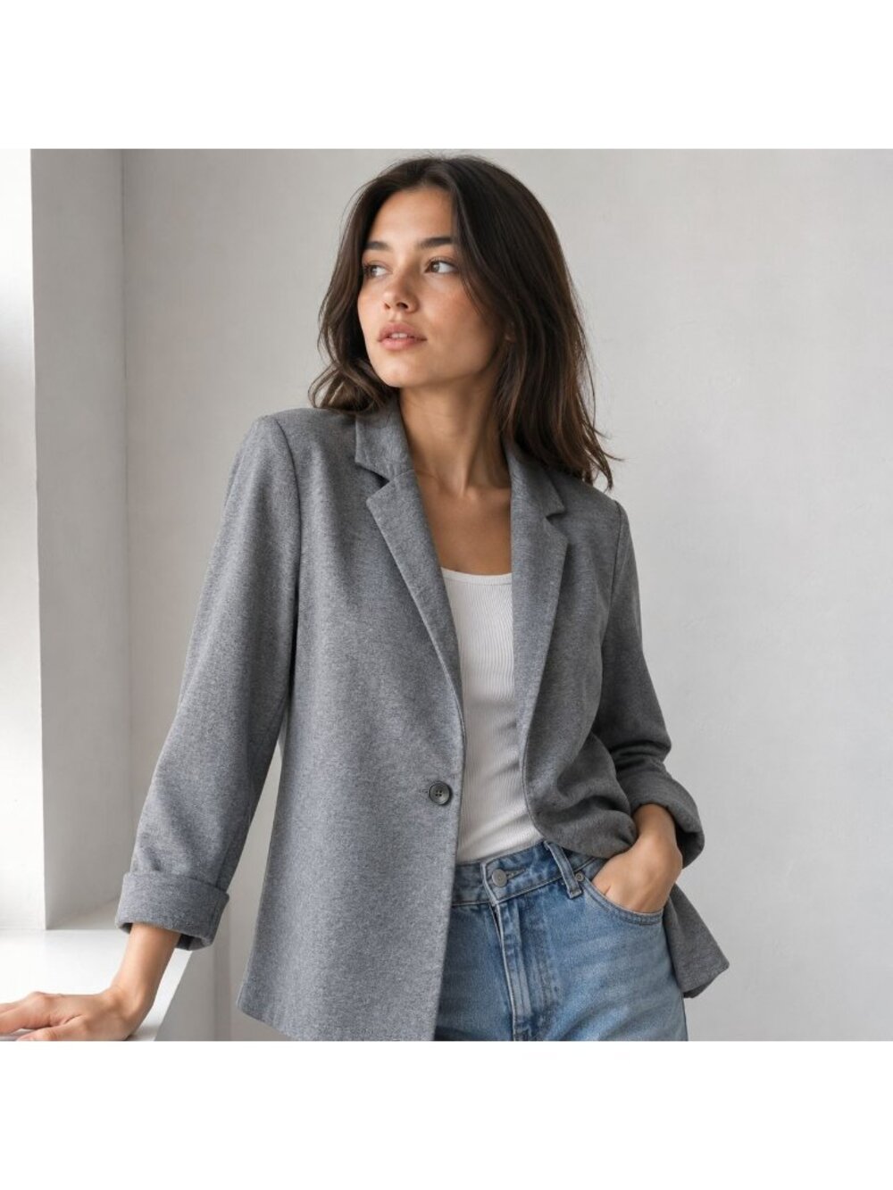 Women Gray Knit Blazer Jacket XL Soft Unstructured Stretch Office Casual Neutral